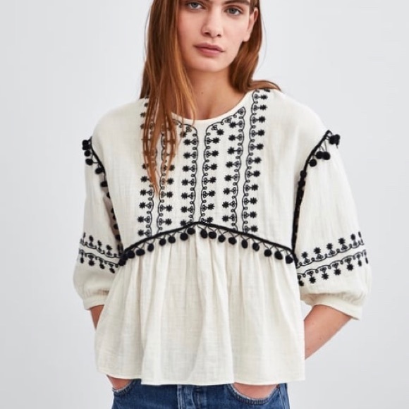 Zara Tops - Zara embroidered Pom Pom top